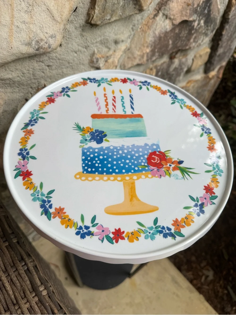 The Pioneer Woman Birthday Cake Stand 11” Floral Turquoise Melamine